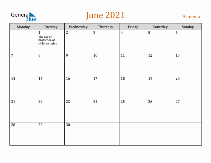 June 2021 Holiday Calendar with Monday Start