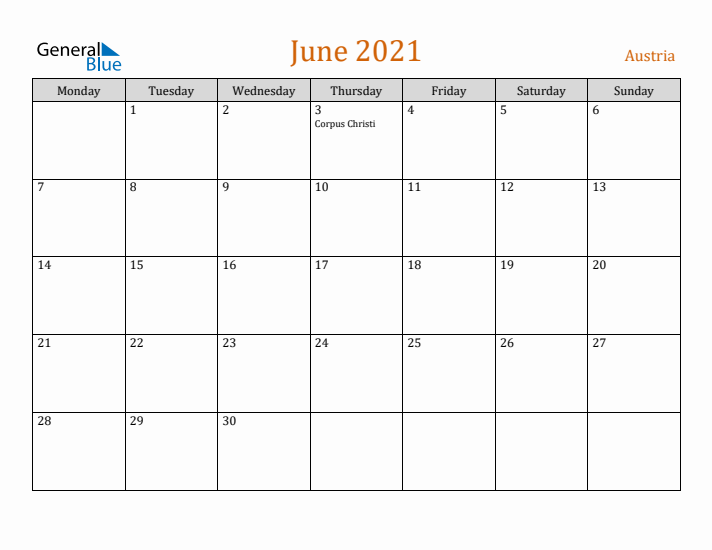 June 2021 Holiday Calendar with Monday Start