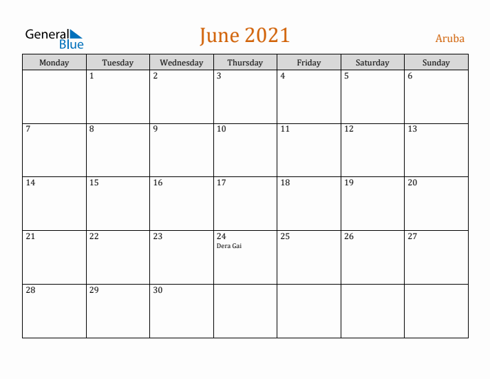 June 2021 Holiday Calendar with Monday Start