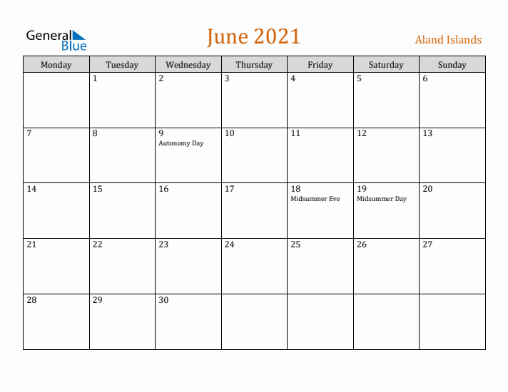 June 2021 Holiday Calendar with Monday Start