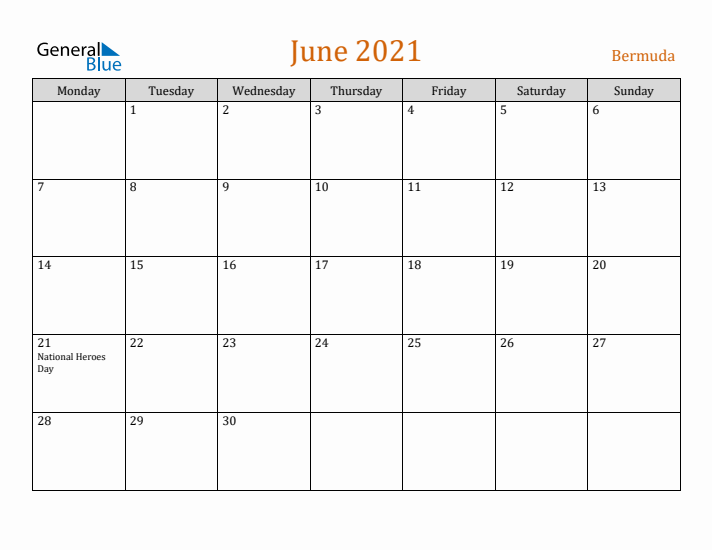 June 2021 Holiday Calendar with Monday Start