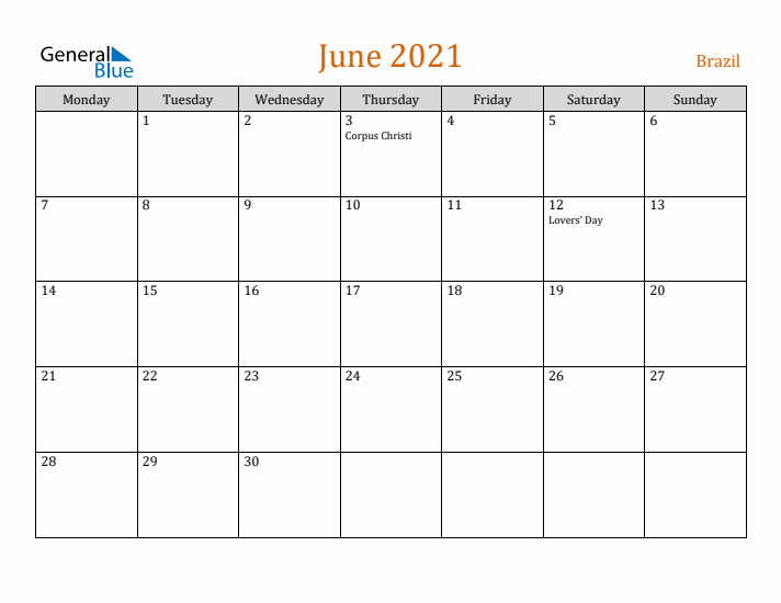 June 2021 Holiday Calendar with Monday Start