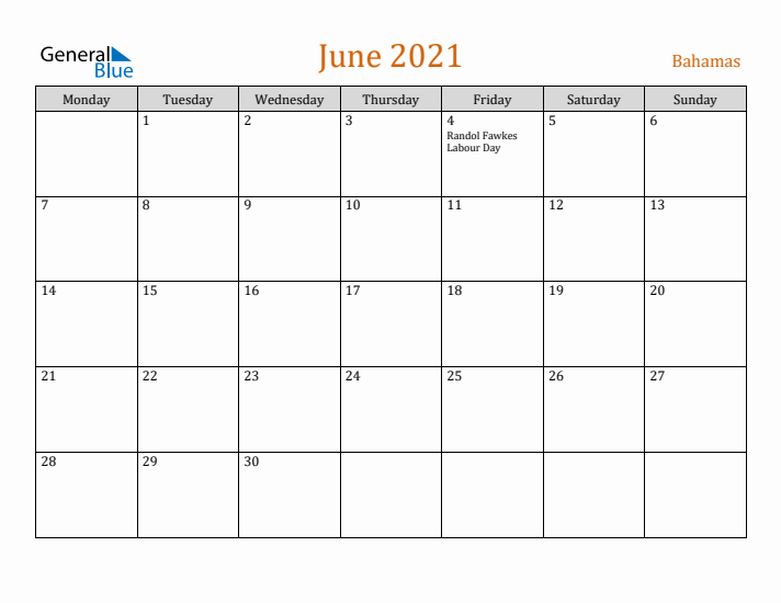 June 2021 Holiday Calendar with Monday Start