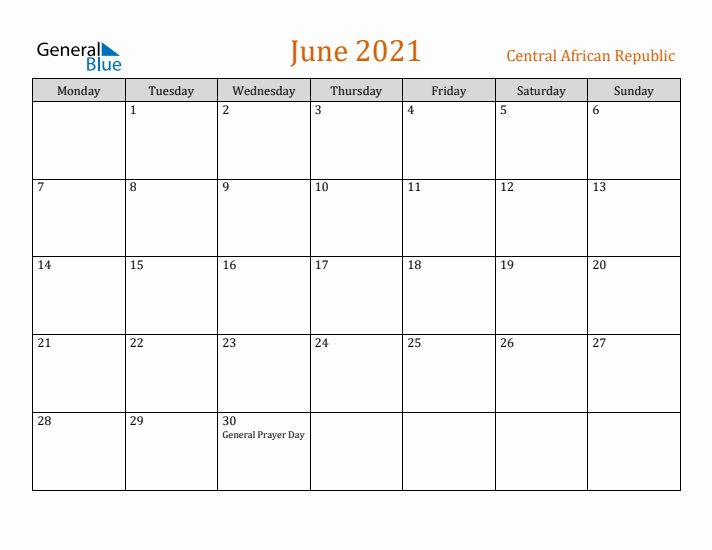 June 2021 Holiday Calendar with Monday Start