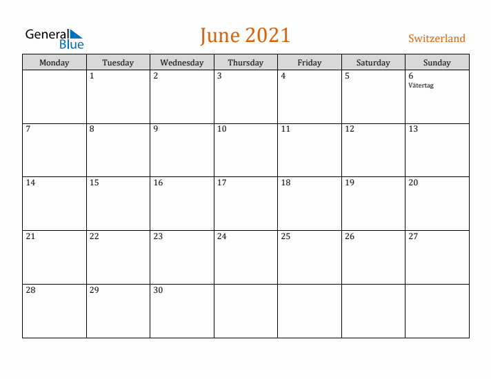 June 2021 Holiday Calendar with Monday Start