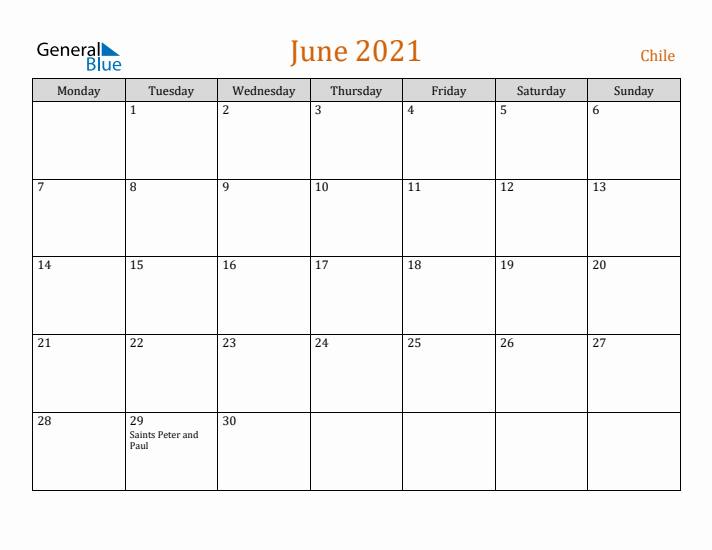 June 2021 Holiday Calendar with Monday Start