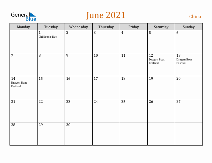 June 2021 Holiday Calendar with Monday Start