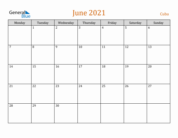 June 2021 Holiday Calendar with Monday Start