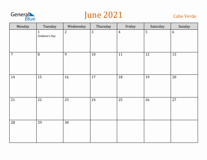 June 2021 Holiday Calendar with Monday Start