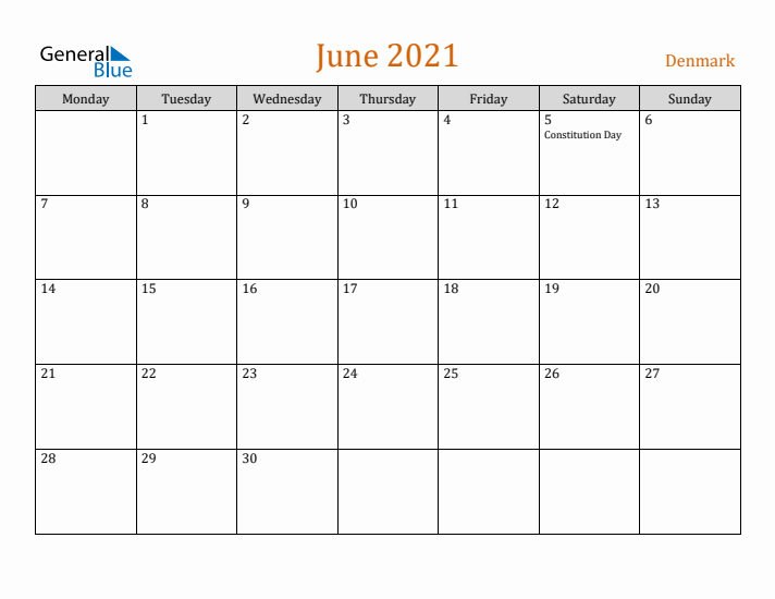 June 2021 Holiday Calendar with Monday Start