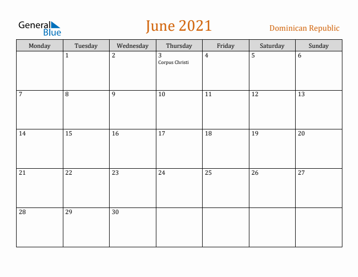 June 2021 Holiday Calendar with Monday Start