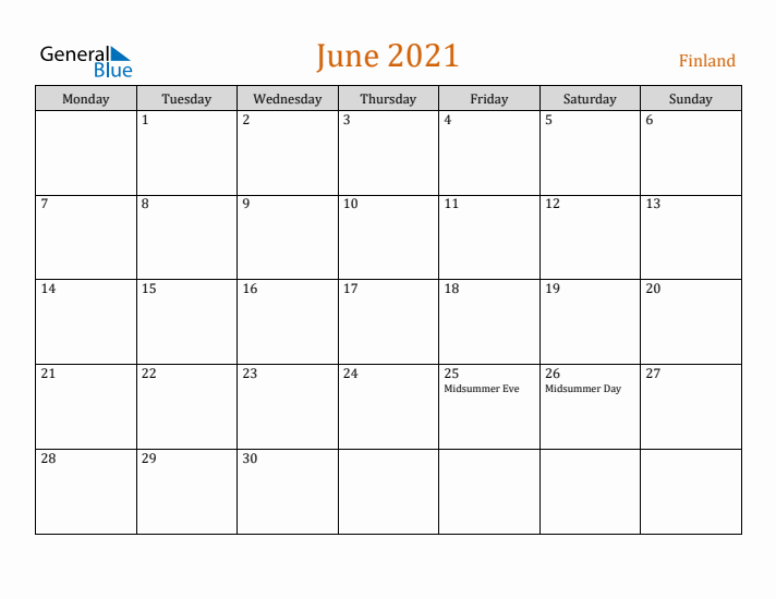 June 2021 Holiday Calendar with Monday Start