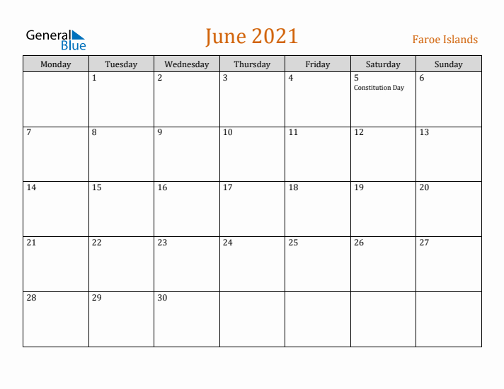 June 2021 Holiday Calendar with Monday Start