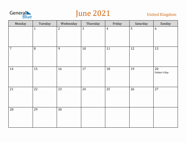 June 2021 Holiday Calendar with Monday Start