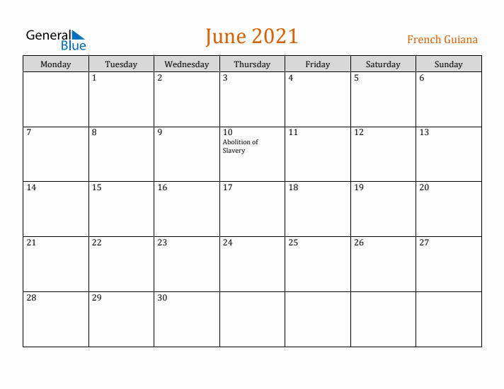 June 2021 Holiday Calendar with Monday Start