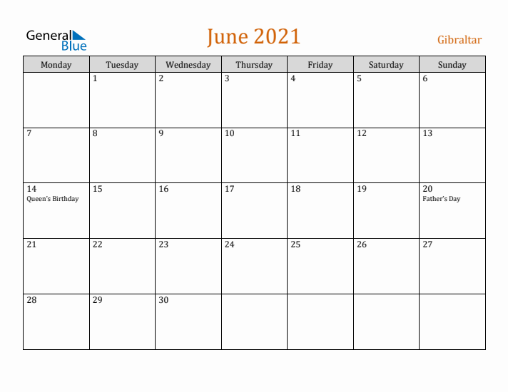 June 2021 Holiday Calendar with Monday Start