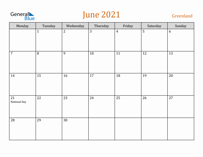 June 2021 Holiday Calendar with Monday Start