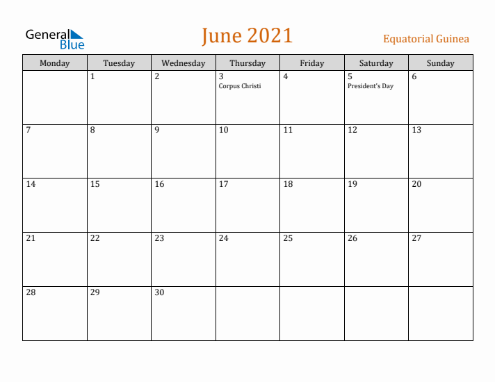 June 2021 Holiday Calendar with Monday Start