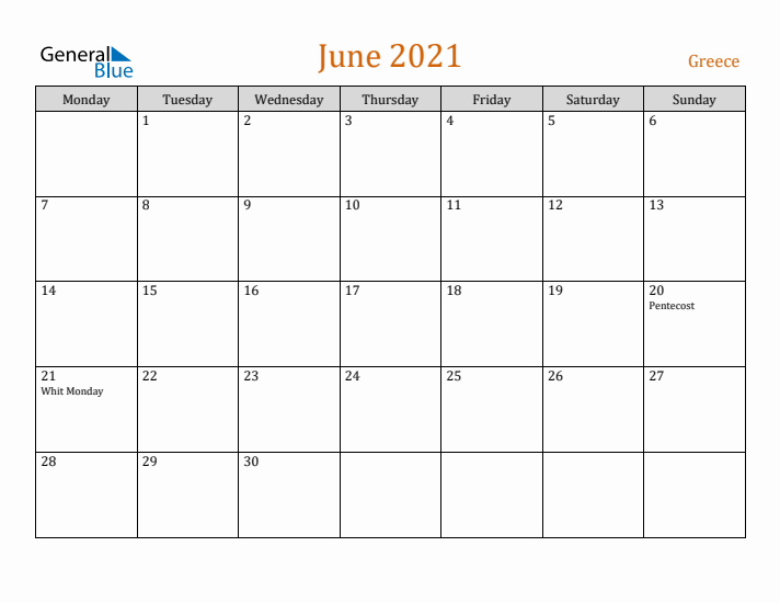 June 2021 Holiday Calendar with Monday Start