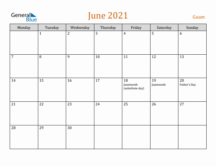 June 2021 Holiday Calendar with Monday Start