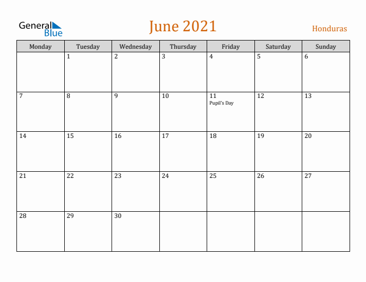 June 2021 Holiday Calendar with Monday Start