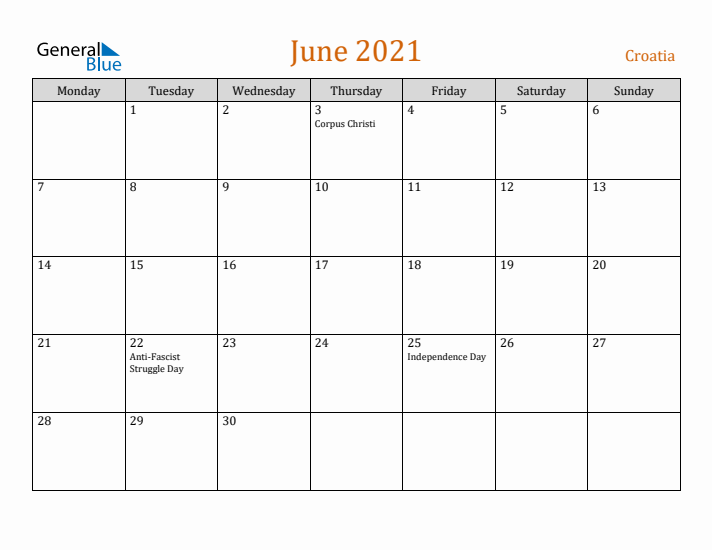 June 2021 Holiday Calendar with Monday Start