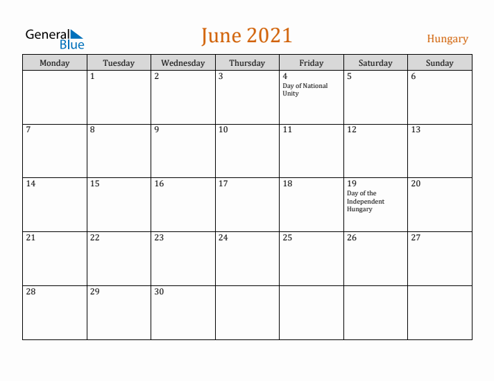 June 2021 Holiday Calendar with Monday Start