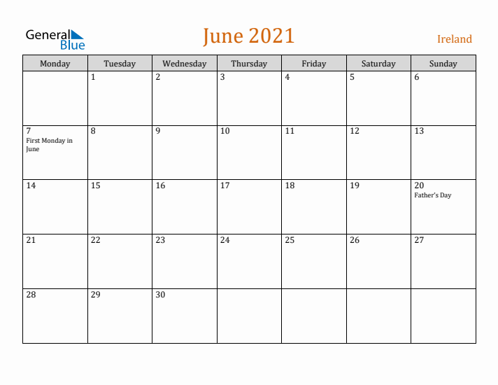 June 2021 Holiday Calendar with Monday Start