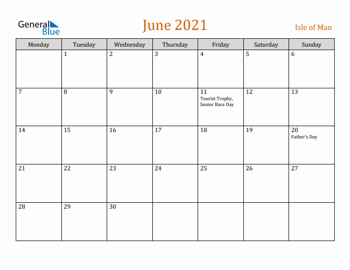 June 2021 Holiday Calendar with Monday Start