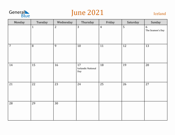 June 2021 Holiday Calendar with Monday Start