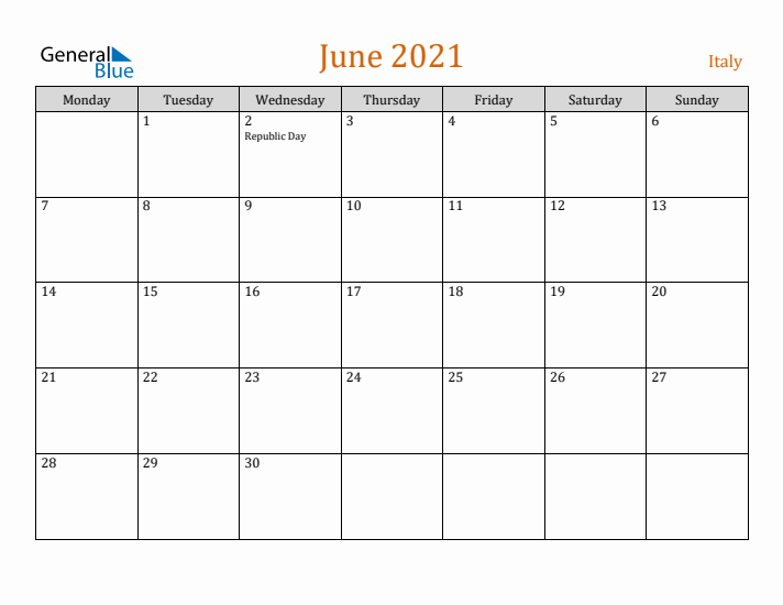 June 2021 Holiday Calendar with Monday Start