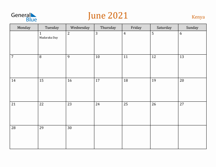 June 2021 Holiday Calendar with Monday Start