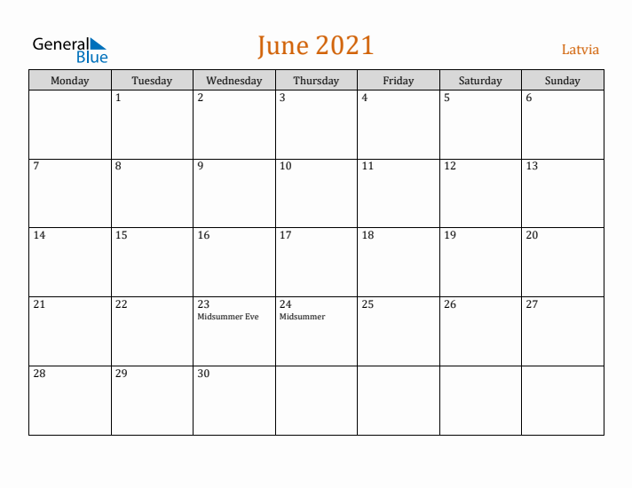 June 2021 Holiday Calendar with Monday Start