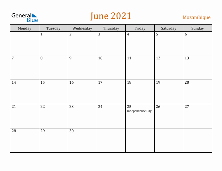 June 2021 Holiday Calendar with Monday Start