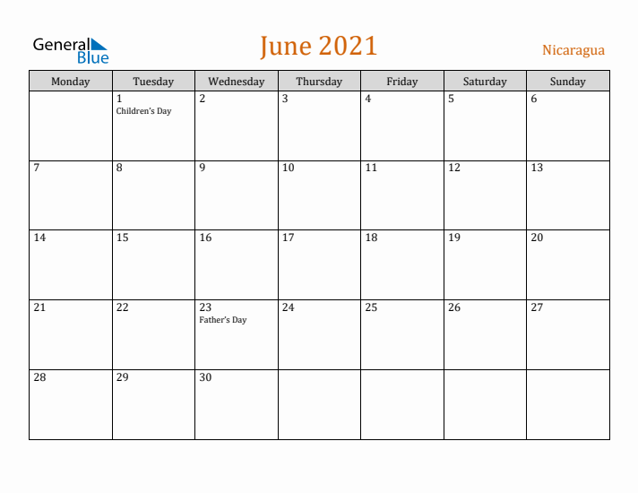 June 2021 Holiday Calendar with Monday Start