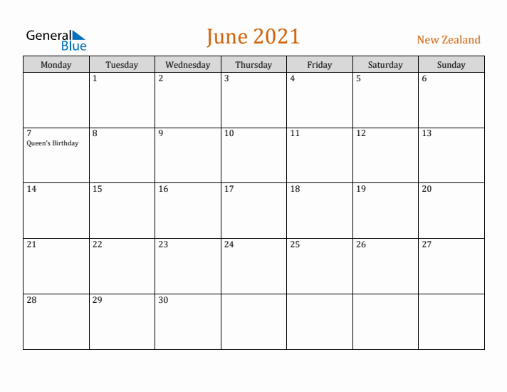 June 2021 Holiday Calendar with Monday Start