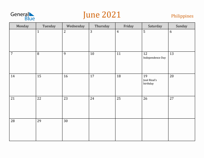 June 2021 Holiday Calendar with Monday Start