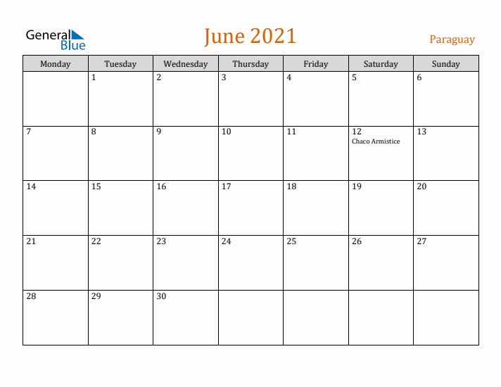 June 2021 Holiday Calendar with Monday Start