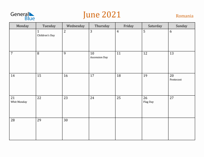 June 2021 Holiday Calendar with Monday Start