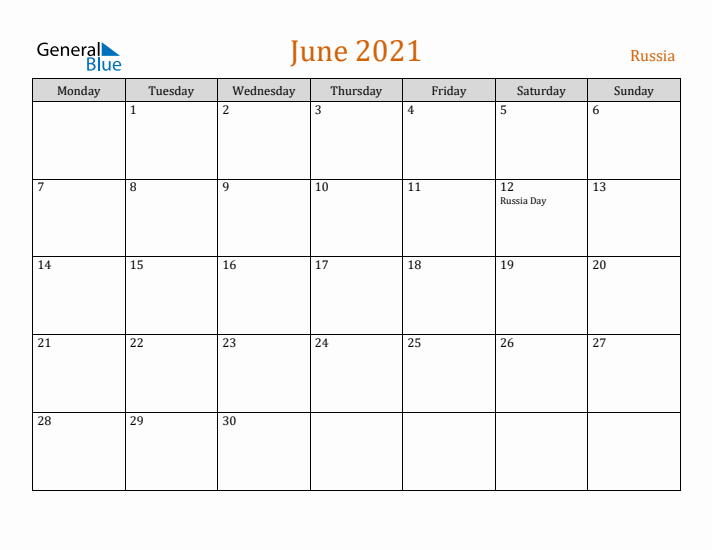 June 2021 Holiday Calendar with Monday Start