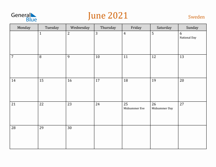 June 2021 Holiday Calendar with Monday Start