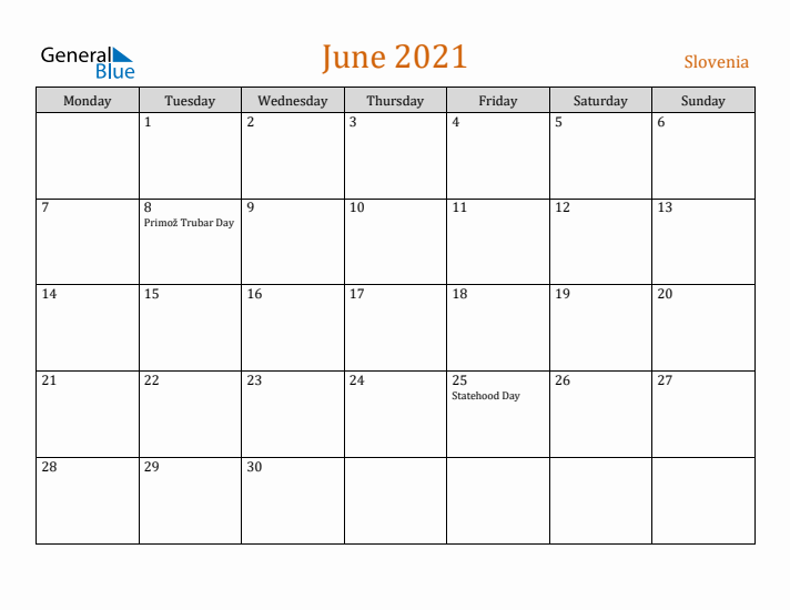 June 2021 Holiday Calendar with Monday Start