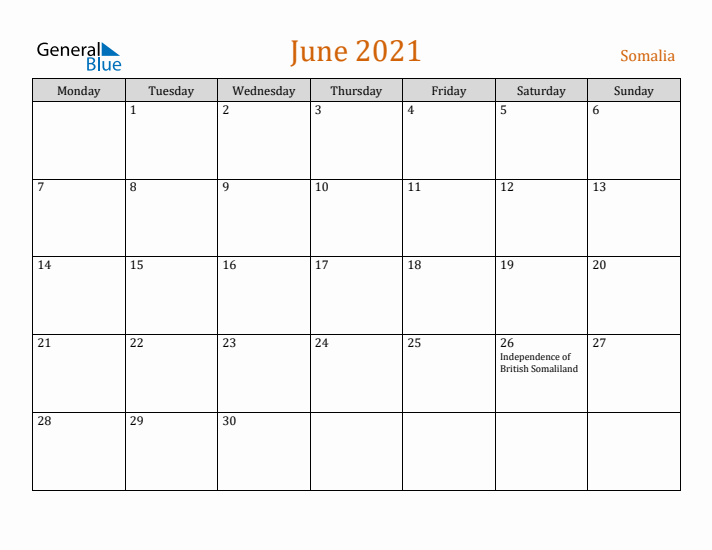 June 2021 Holiday Calendar with Monday Start