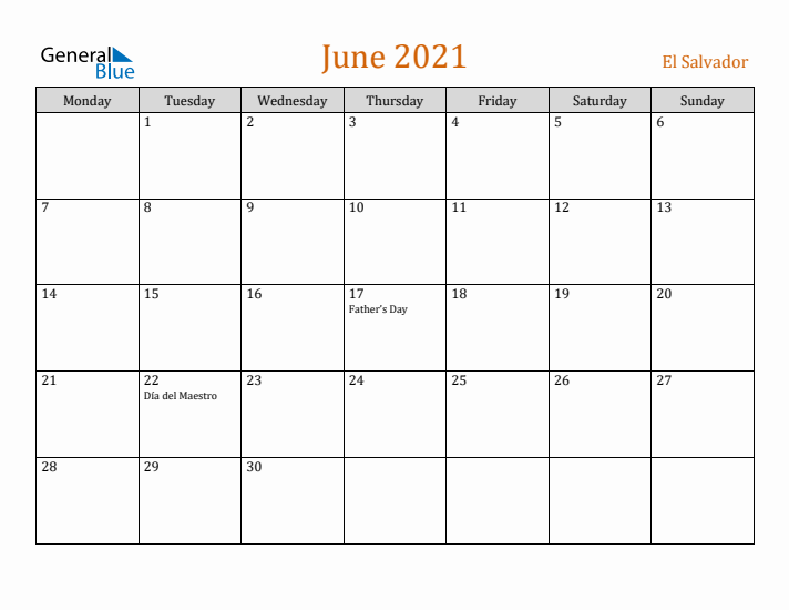 June 2021 Holiday Calendar with Monday Start