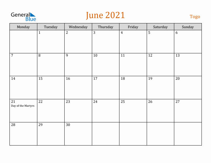 June 2021 Holiday Calendar with Monday Start