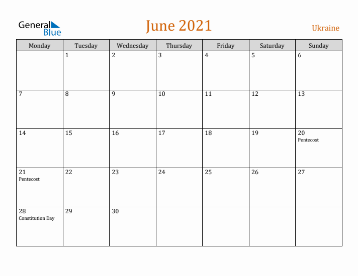 June 2021 Holiday Calendar with Monday Start