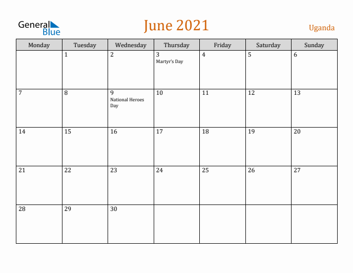 June 2021 Holiday Calendar with Monday Start