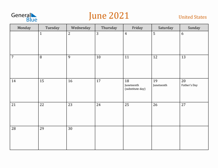 June 2021 Holiday Calendar with Monday Start