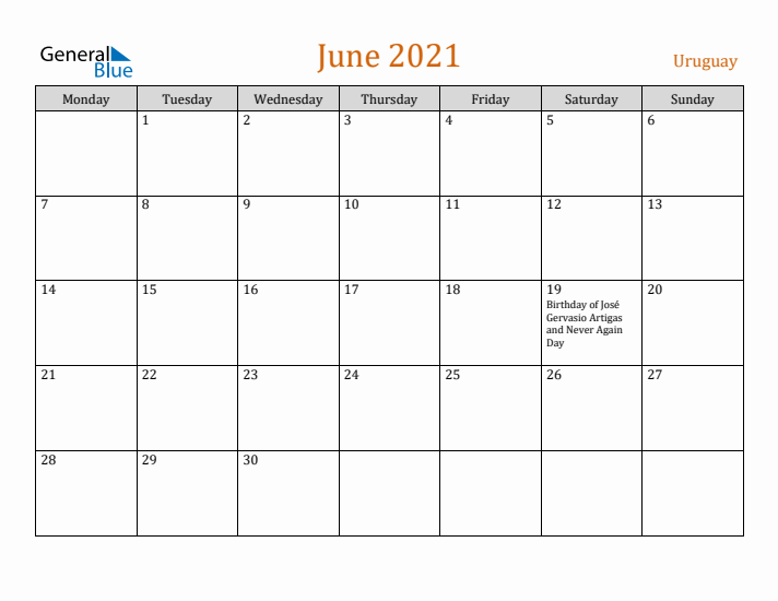 June 2021 Holiday Calendar with Monday Start