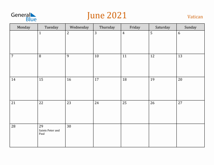 June 2021 Holiday Calendar with Monday Start